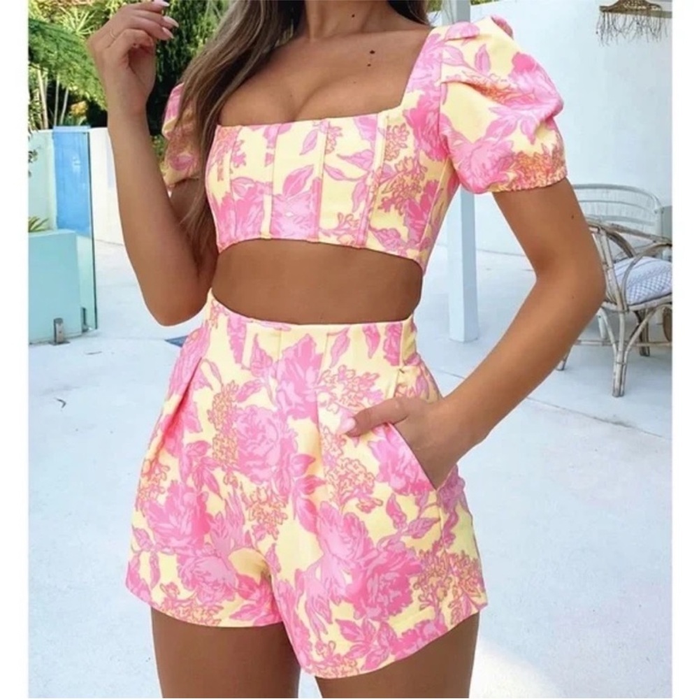 White Fox Boutique Pink and Yellow Floral Corset Top and Shorts